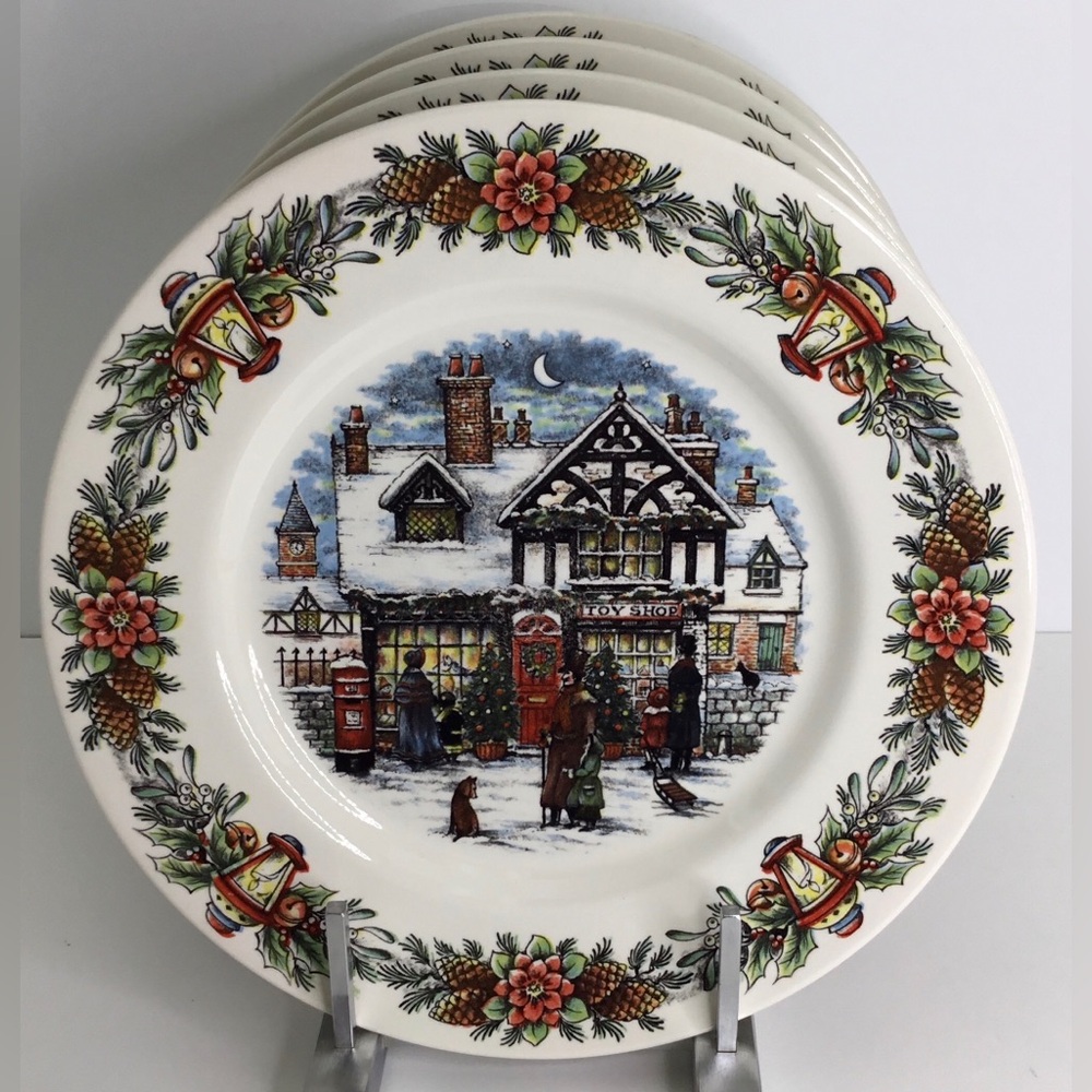 4 Dinner Plates 11” Royal Stafford Christmas Toy Shop Winter Snow NEW